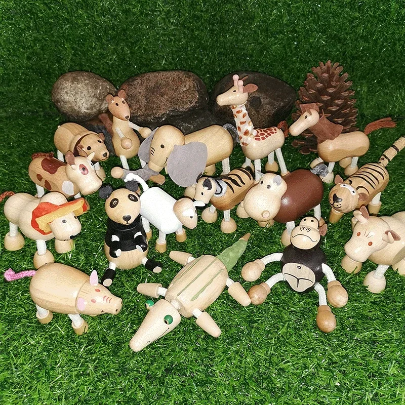 18pcs/set Wooden Lovely Animal puppet toy Elephant Lion cow panda tiger decorative ornaments Action Figure Toys kids baby gift