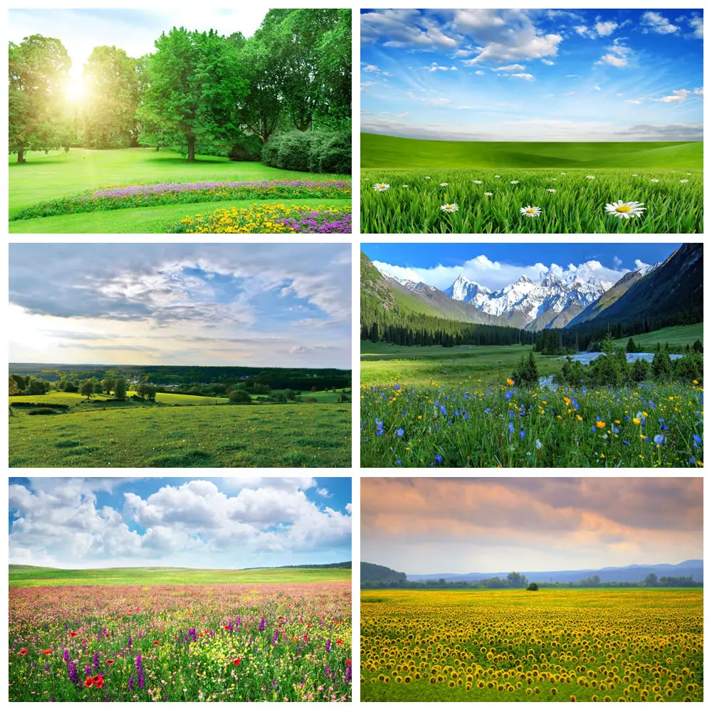 

Spring Nature Scenery Background For Photography Green Tree Flowers Sunshine Sky Grass Field Baby Birthday Decor Photo Backdrop