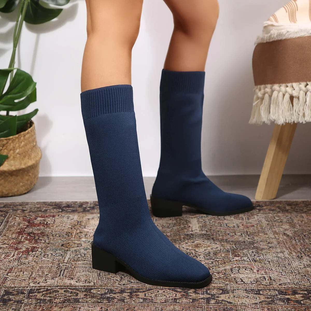Frühling Herbst Mode Damenstiefel Quadratische Spitze Gestrickte Sockenstiefel Slip-on Halbstiefel Damen High Heels Übergrößen 35-43 Schuhe – Detail 30