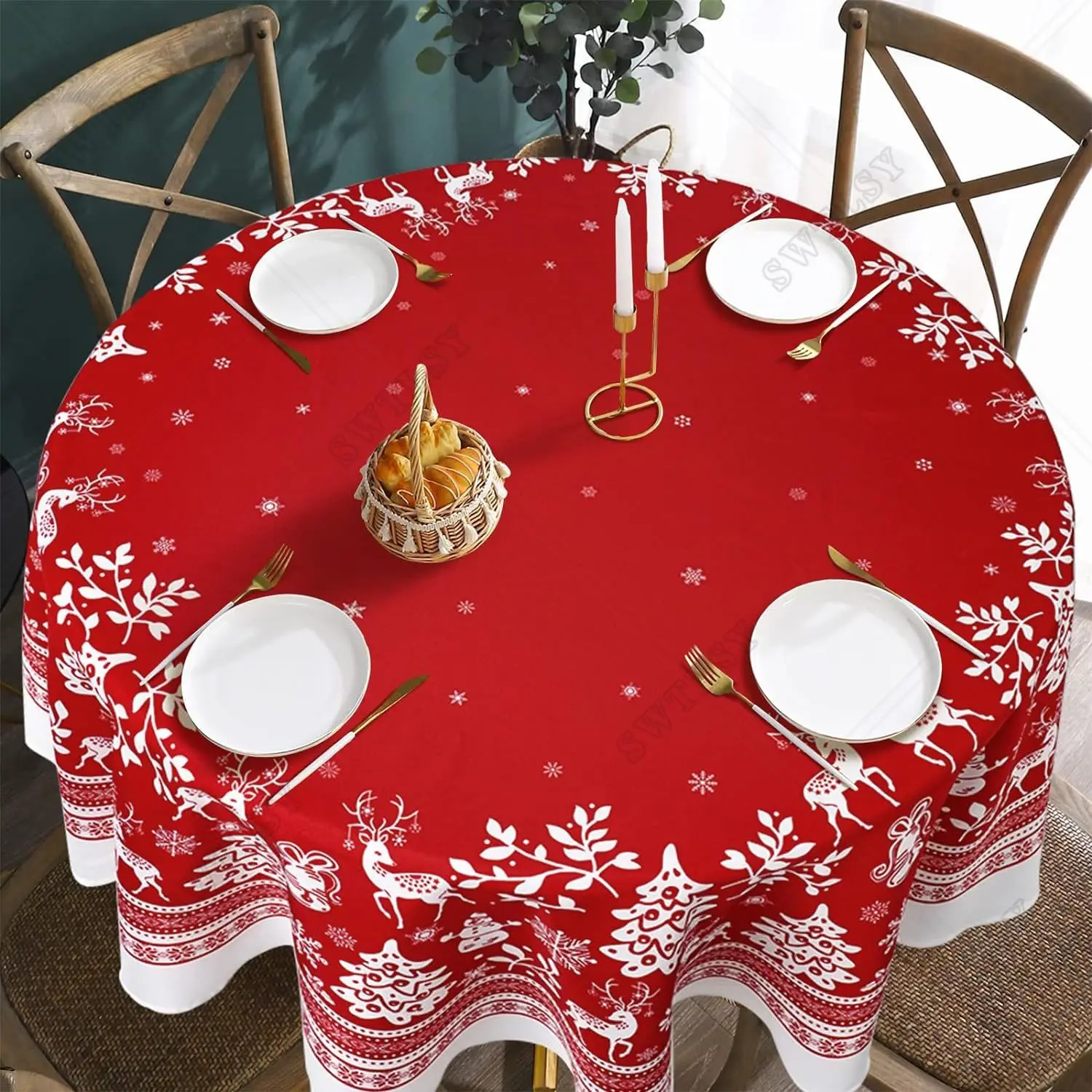 مفرش مائدة مقاوم للماء لعيد الميلاد للمائدة المستديرة ، قماش طاولة زهور للعام الجديد ، 60 × 60 بوصة #3