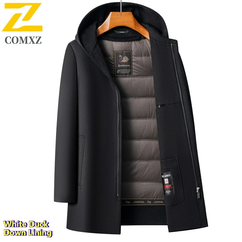 

COMXZ 2025 Winter Wool Coat Men Street British Cashmere Trench Man White Duck Down Lining Hooded Jacket Elegant Woolen Overcoat