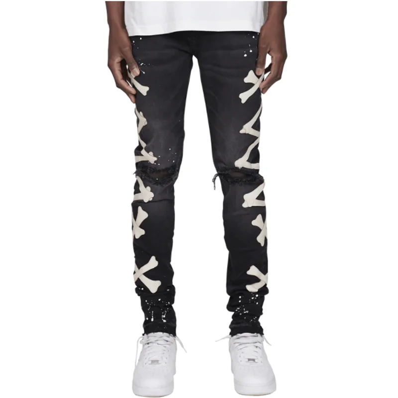 Mens Black Jeans Slim fit Ripped Skull Jeans With Print Skinny Stretch Casual Gothic Pants Streetwear Vintage Trendyol Man Pants