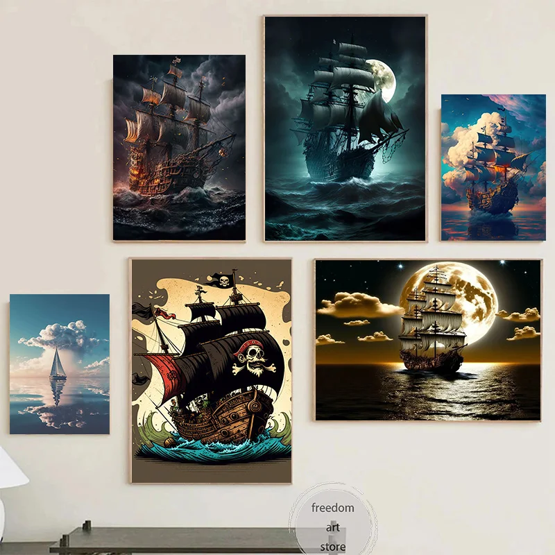 Retro Pirate Ship Landscape Sailling Boat on The Beach  Art Poster Canvas Painting Wall Print Picture for Living Room Home Decor