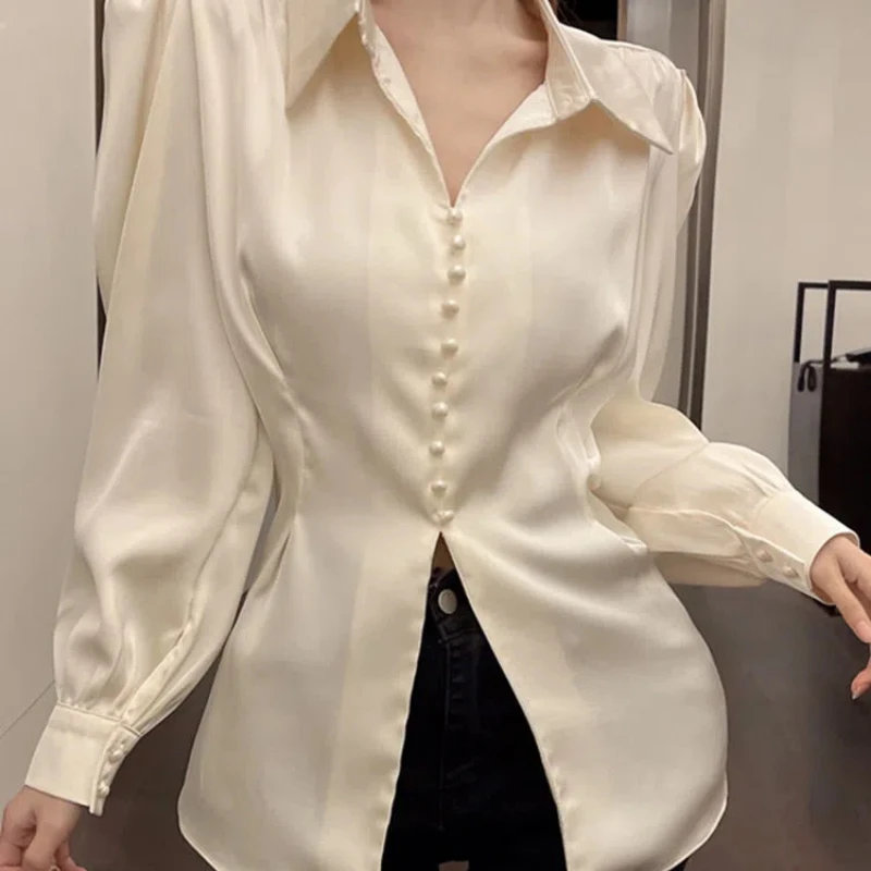 Fashion Bow Satin Shirt Spring Autumn Korean Temperament Tunic Puff Sleeve Button-down Shirts Solid Elegant Female Blouses Top