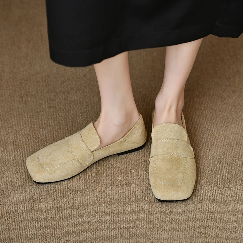 Suede Flats Loafers Women Walking Casual Shoes 2024 Spring Trend Comfort Soft Sole Shoes Square Toe Shallow Zapatillas De Mujer