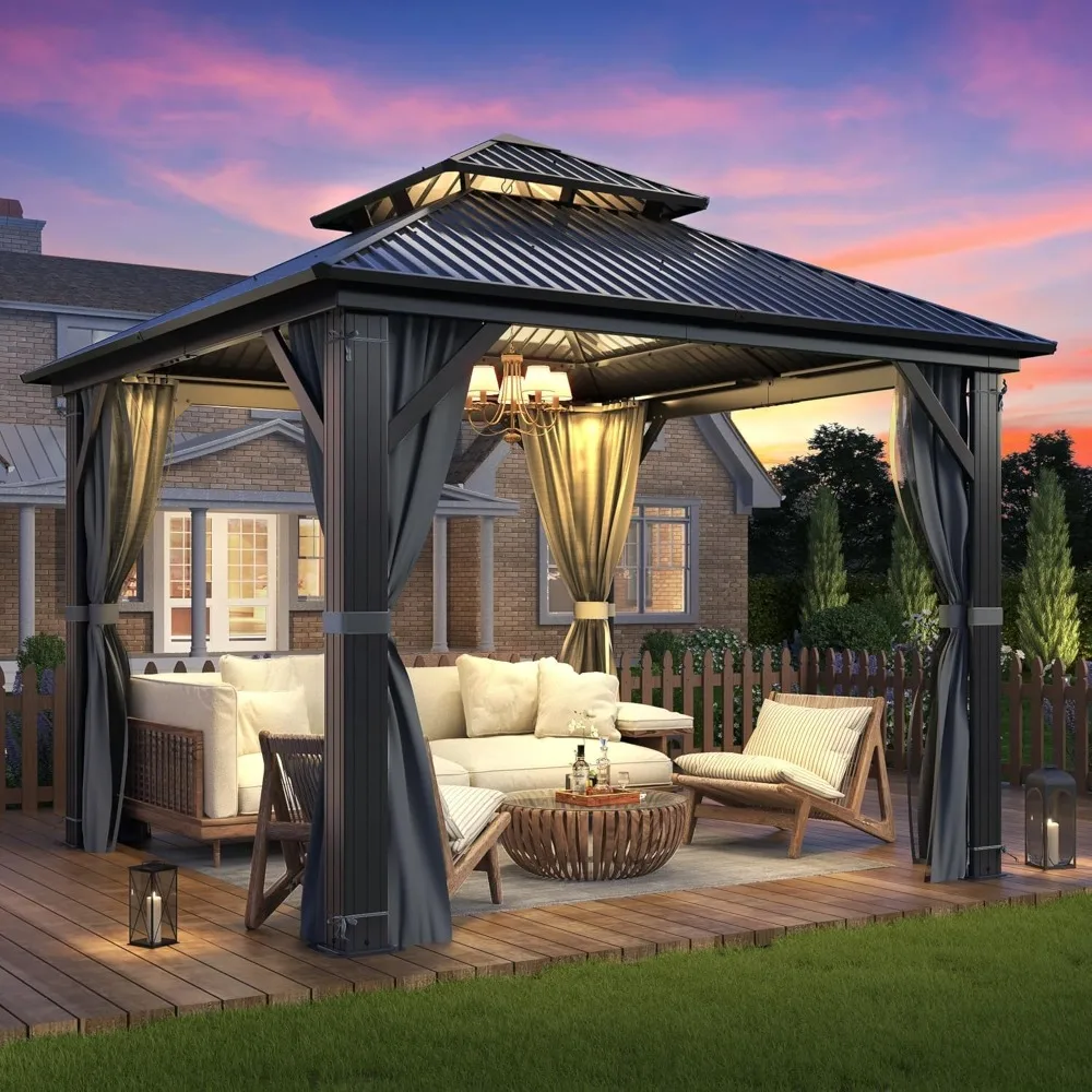 

9.5x9.5FT Outdoor Hardtop Gazebo with Double Roof, Aluminum Heavy-Duty Steel Top Gazebo with Breathable Netting, Customized