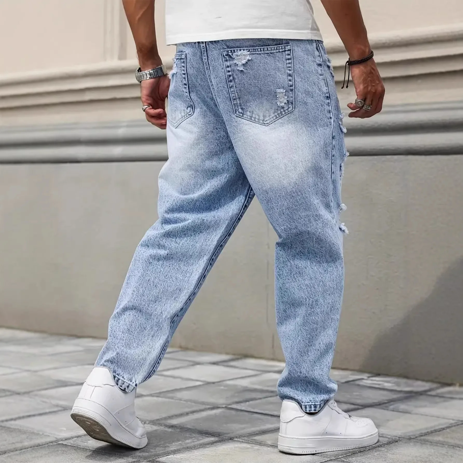 Light Blue Washed Ripped Frayed Denim Jeans For Men Non Stretch Straight Leg Loose Baggy Distressed Pants Vintage Y2K Hip Hop Da