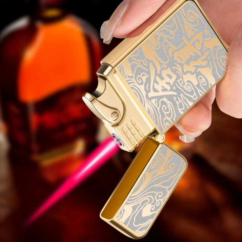 Ultra-thin Exquisite Pattern Red Flame Gas Lighter Metal Material Windproof Direct Injection Red Flame Cigarette Lighter