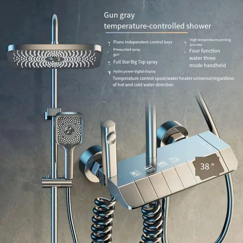 

Новый серый душевой набор с водяным покрытием, душевая лейка для ванной комнаты, полностью медный цифровой дисплей с постоянной температурой, герметичный душ