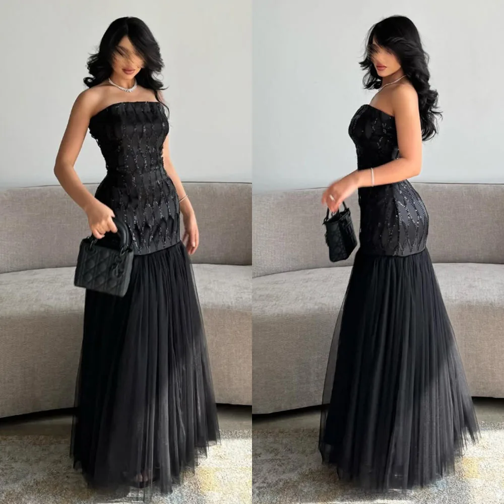 

Customized High Quality Sleeveless Wrinkle Floor Length Beaded Black Women Dress Zipper Strapless Vestidos De Gala ชุดงานพรอม