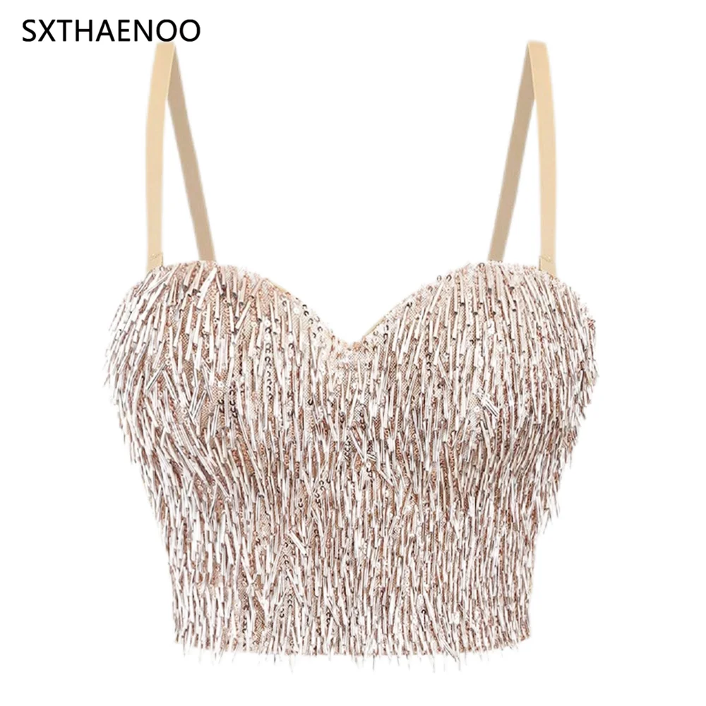 

SXTHAENOO 2024 Women Sexy Fashion Crop Top Colourful Tassel Sequin Sling Vest Bustier Bra Night Club Party Tank Top Female