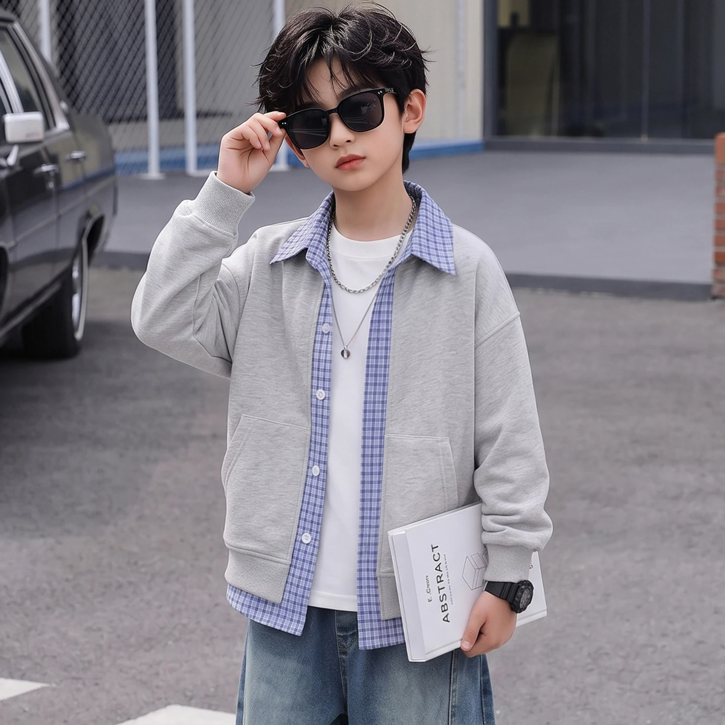 4-16 Years Kids Spring Autumn Fashion False 2-Piece Cardigan Children Plaid Collar Knitted Sweater Boys Casual Lapel Coat 2