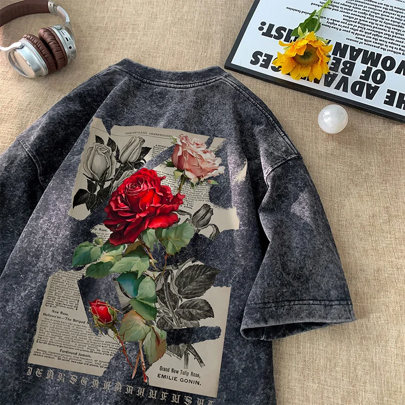 Gothic Washed Tshirts Rose Printed Streetwear Men T-shirt O-neck Oversized Korean Short Sleeve Tops Harajuku Casual Male Tee