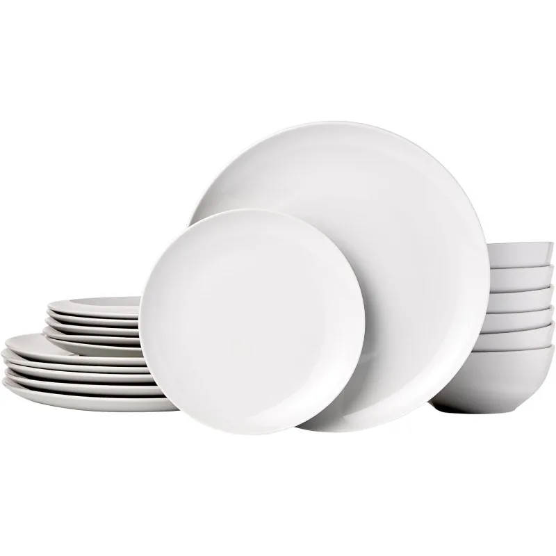 18-Piece Kitchen Dinnerware Set, Plates, Dishes, Bowls, Service for 6, White Porcelain