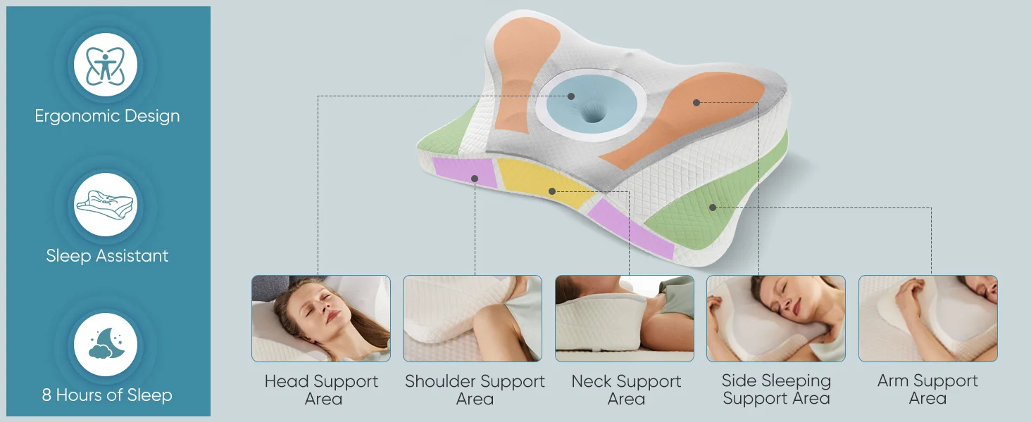 JHK Ergonomic Queen Size Cervical Contour Pillows For Neck 1 Pack Pain Relief Memory Foam Bed Pillow with Cooling Pillowcase