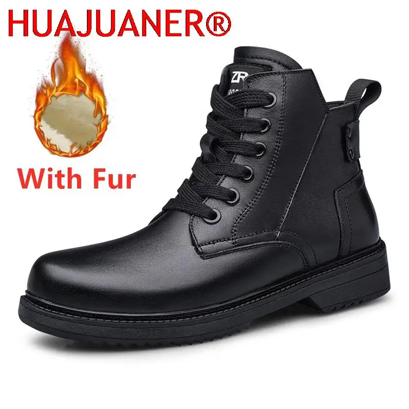Luxury Brand Mens Genuine Leather Boots High Top Fashion Winter Warm Male Snow Shoes Personality Motorcycle Ankle Boots Black