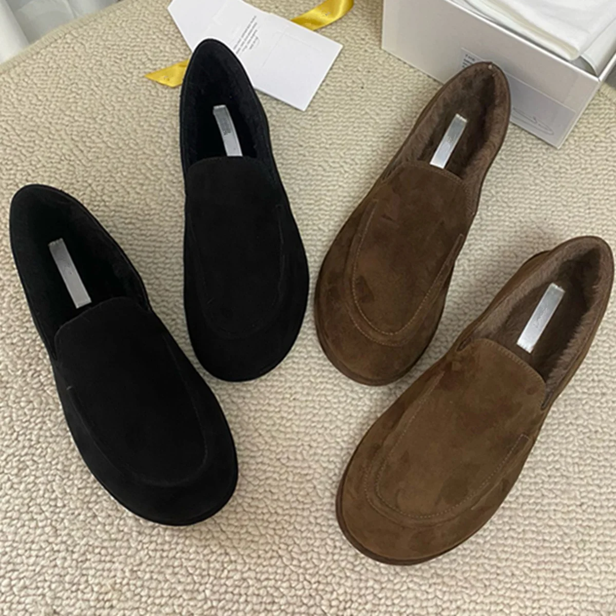 

Jenny&Dave Shoes Nordic Minimalist Lazy Cowhide Mink Plush Snow Shoes Black Coffee Round Toe Flat Shoes Loafers Women's Snea