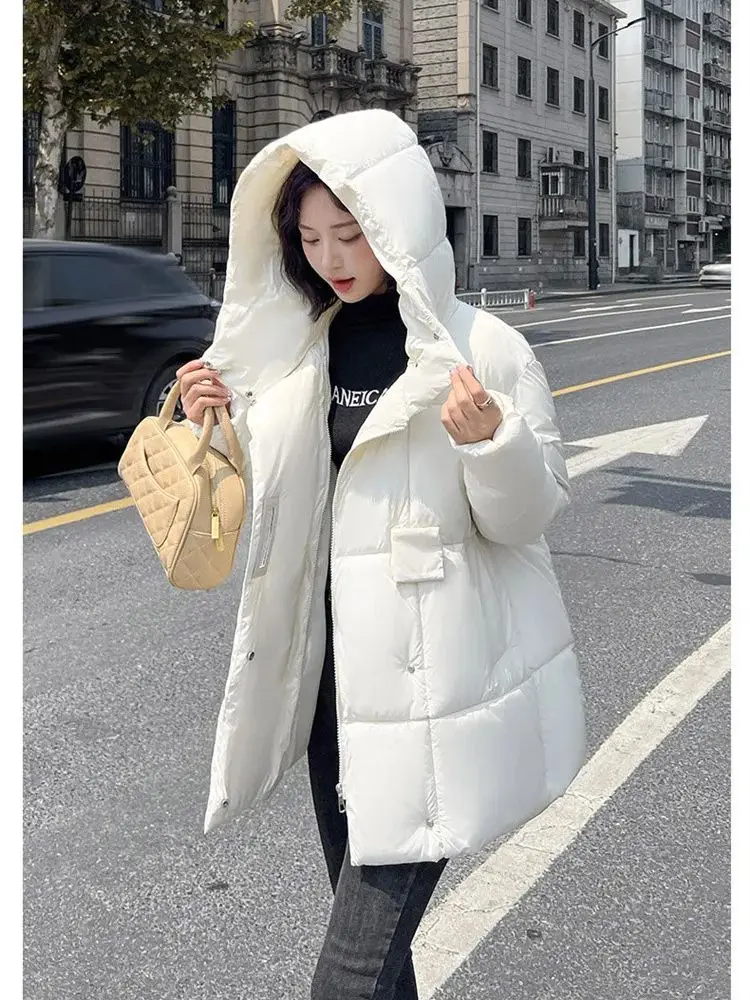 Women\'s Puffer Jackets New For Winter Stylish Midi Length Signature Button Design Thickened Hooded Warm Jacket