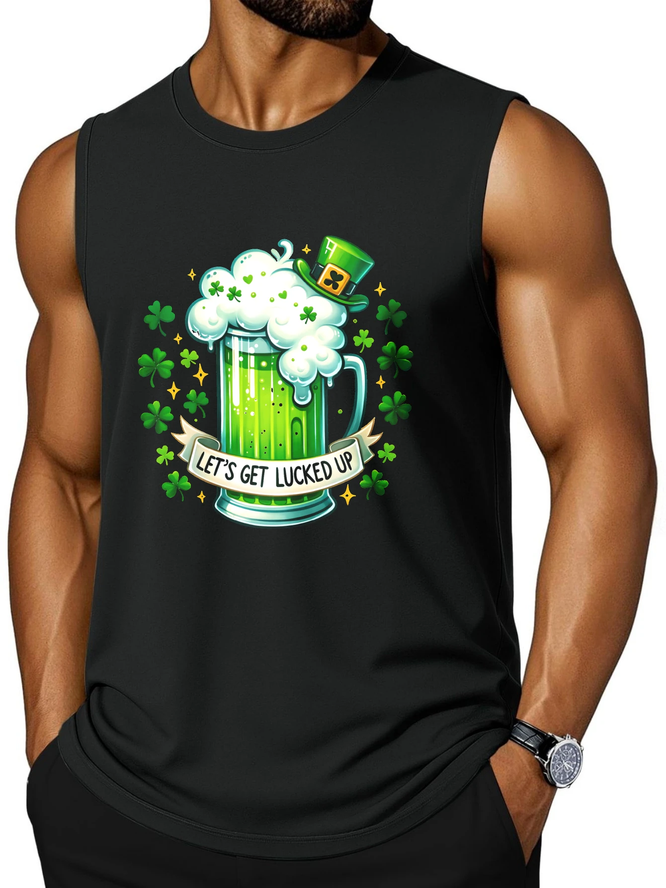 CLOOCL Green beer patterned vest with hat and clover print for men's summer casual top, St. Patrick's Day gift