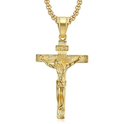 Religious Jesus Christ Cross Pendant Necklace for Women/Men Gold Color Stainless Steel Crucifix Necklaces Men Christian Jewelry