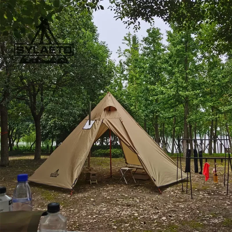 Lightweight, Adjustable-height Octagonal Pyramid Tent with Stove Hole and Double Doors, Tear-resistant, Waterproof, and Warm.