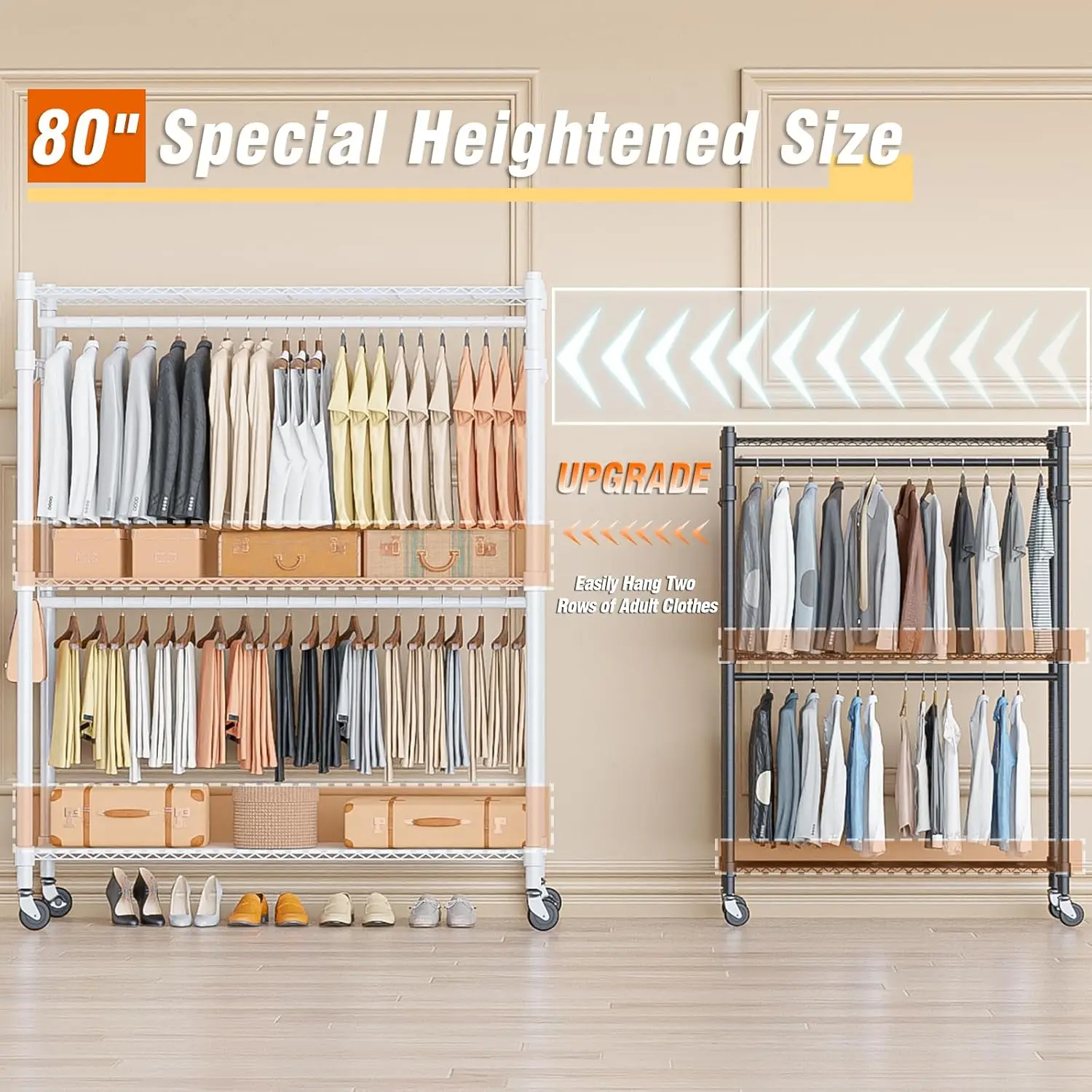 3 Tier Garment Rack with Wheels, Portable Closets for Hanging Clothes Heavy Duty, Closet Racks and Shelving with Double Hanger R