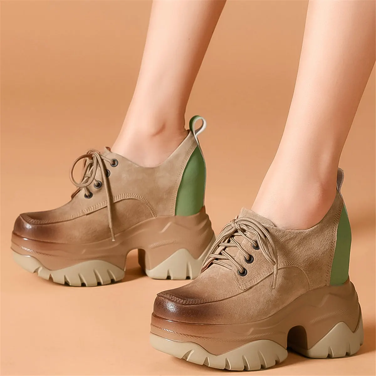 Fashion Sneakers Women Lace Up Genuine Leather Thick High Heels Ankle Boots Female Round Toe Wedges Platform Pumps Casual Shoes