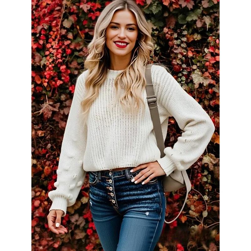 

Сплошной цвет, свободный повседневный женский вязаный пуловер с круглым вырезом и длинными рукавами, свитер на осень-зиму, простая модная короткая женская одежда