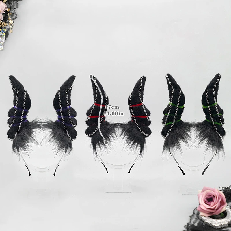 Gothic Dark Horns Headband with Wings Chains Hair Hoop Halloween Cosplay Hair Accessories Fantasy Costume Props Headpiece Anime