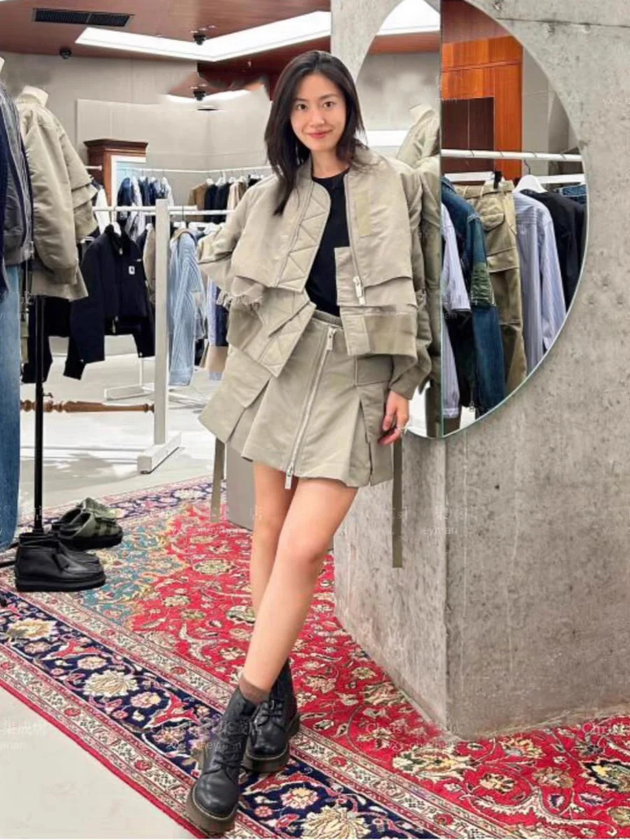 

FOG SACAI Spring 2024 Women's Zippered ket Patchwork Multi-layerCasual Jaet Loose Outerwear Long Sve Single Piece