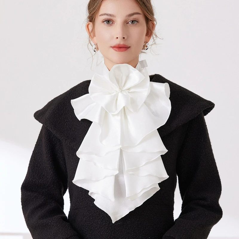 قميص أنيق متعدد الطبقات مكشكش مزخرف بياقة وهمية وغطاء للرقبة قابل للفصل وربطة عنق فستان إكسسوار زي #2