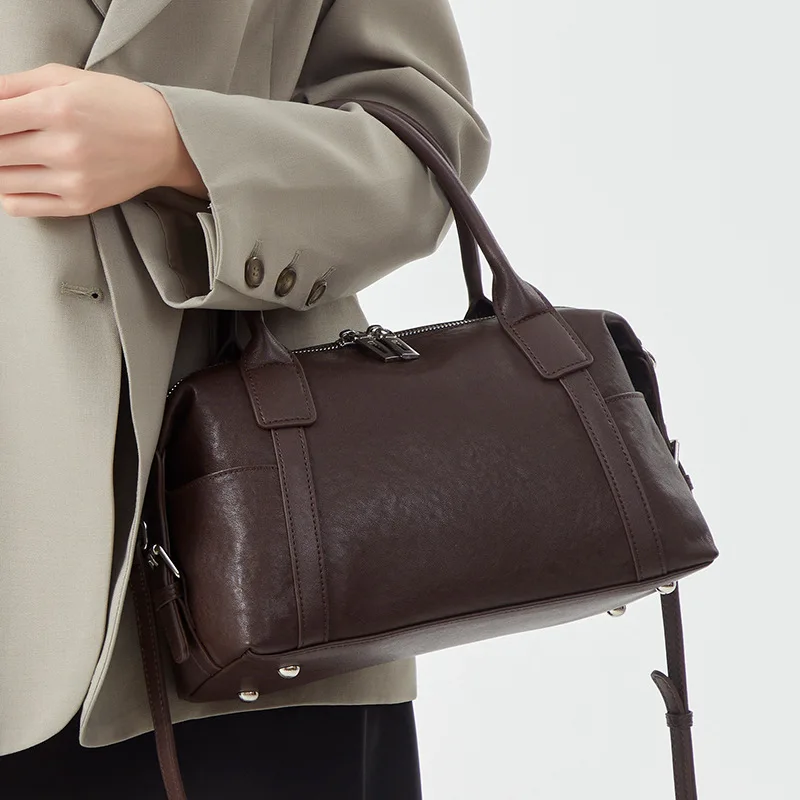 

New Fashion Tote Boston Bag First Layer Genuine Leather Women Simplicity Handbag Vintage Shoulder Messenger Bag for Ladies Large