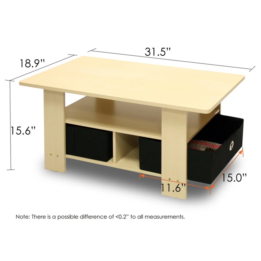Coffee Table with Storage Bins and Lower Shelf Organizing Media Indoor Use Sturdy MDF Wood Rectangle Design Easy Care