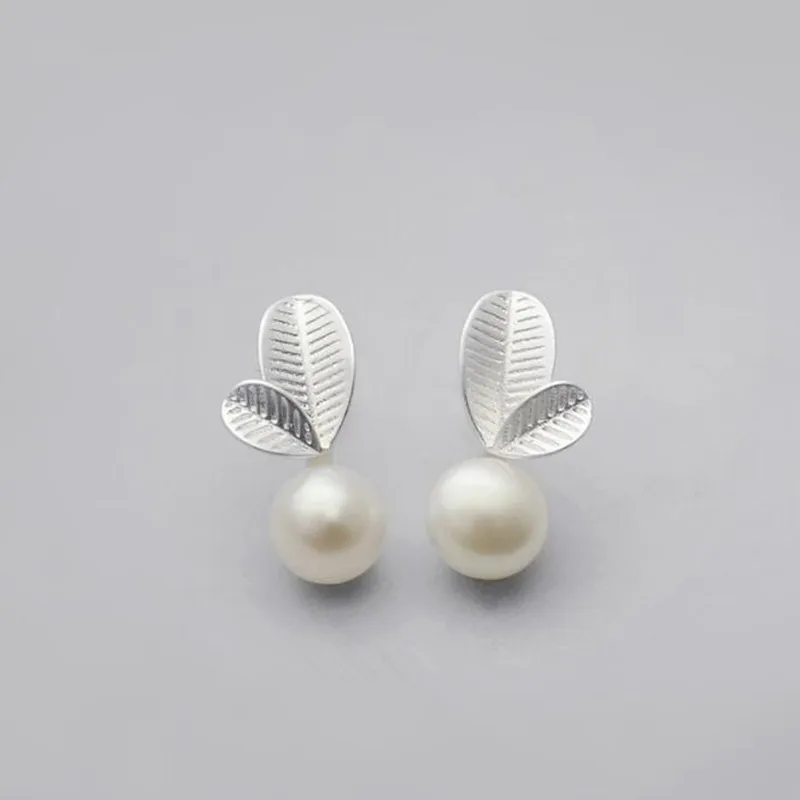 New Arrival Temperament Fine Fashion 925 Sterling Silver Jewelry Pearl Sweet Cute Leaves Earrings Female Anti-allergic  E003