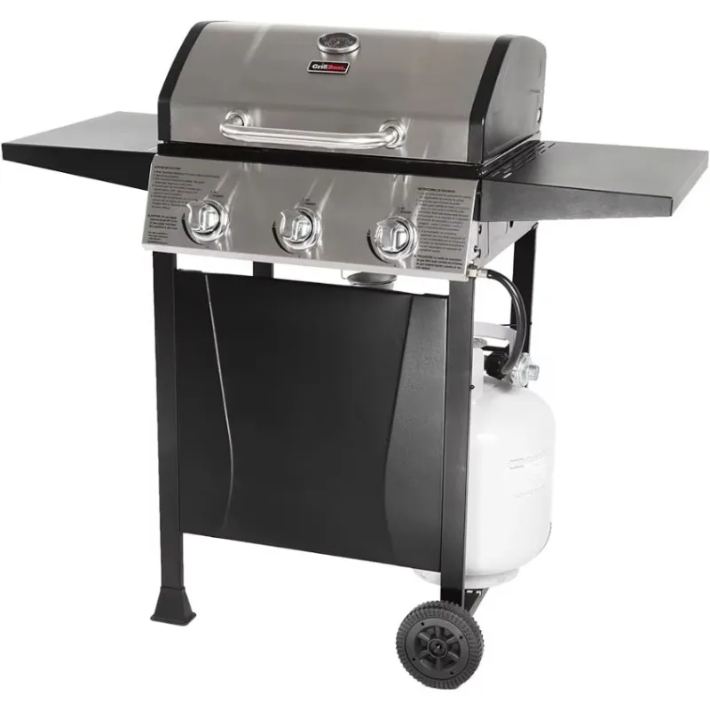 GRILLBOSS Outdoor Barbeque 3 Burner Propane Gas Grill for Barbecue Cooking with Top Cover Lid,Wheels,Side Storage Shelves, Black