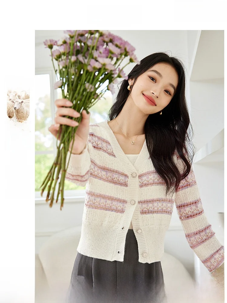 

V-Ne Striped Knitted Open Cardigan Women's Loose Sle Sweater Autumn New Arrival Slimming Effect Comfortable Long Sve