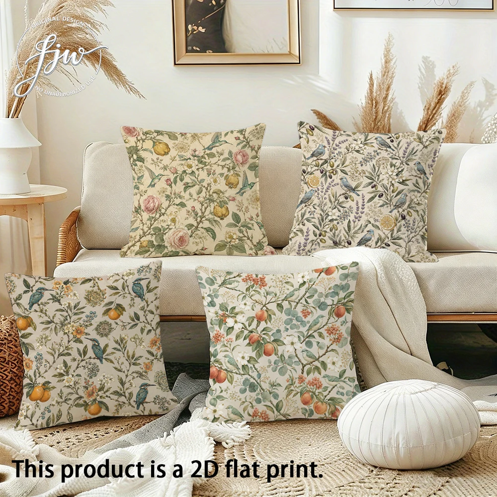 4pcs Vintage Botanical Bird and Fruit Throw Pillow Covers Neutral Farmhouse Cushion Cases for Sofa Bedroom