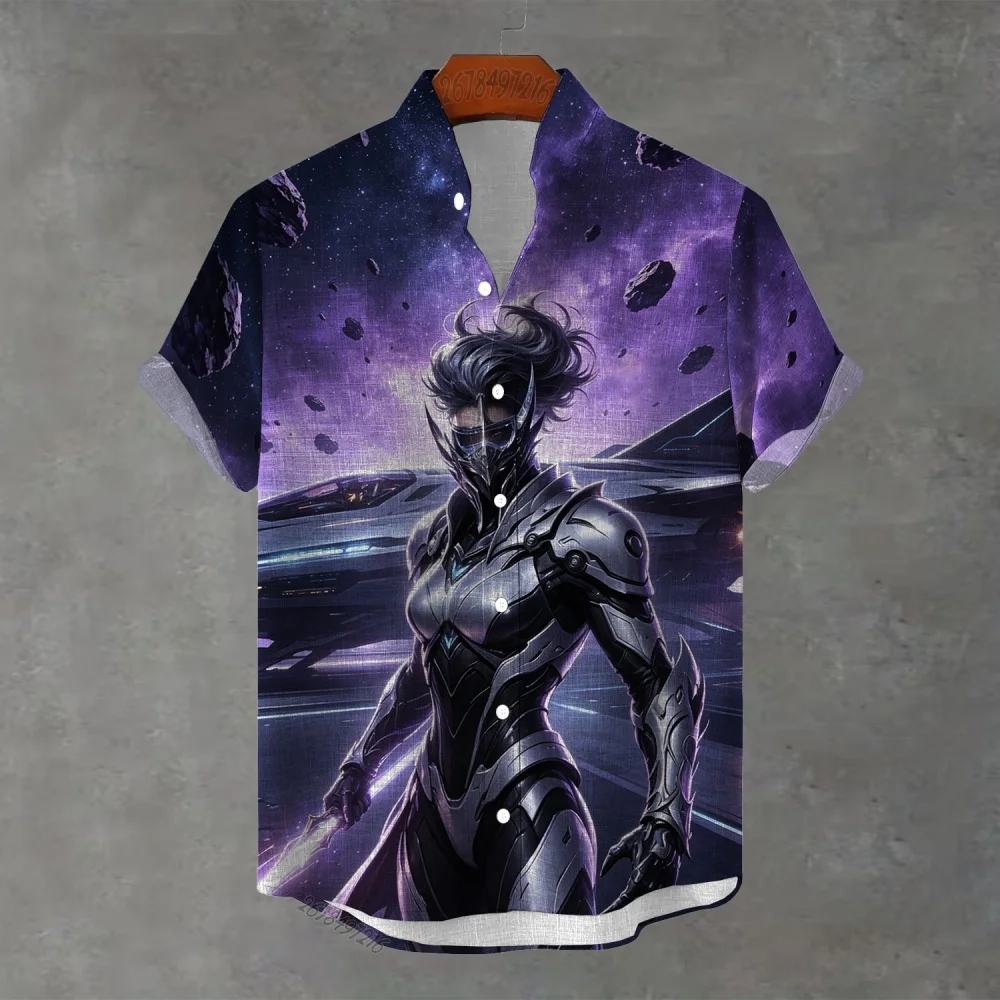 European and American style 3D printed short-sleeved shirt, interstellar space mecha pattern stand-up collar casual cardigan