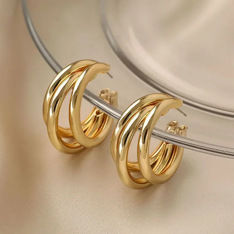 Korean Gold Color Hoop Earring for Woman Metal Elegant Vintage Geometric Statement Luxury Earrings Party 2023 New Jewelry Gift