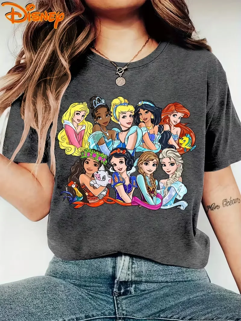 Mode frauen Disney Prinzessin T Shirt Männer Baumwolle T Oansatz Casual Oversize Kurzarm Streetwear Top Lose Dunkelgrau Trendy