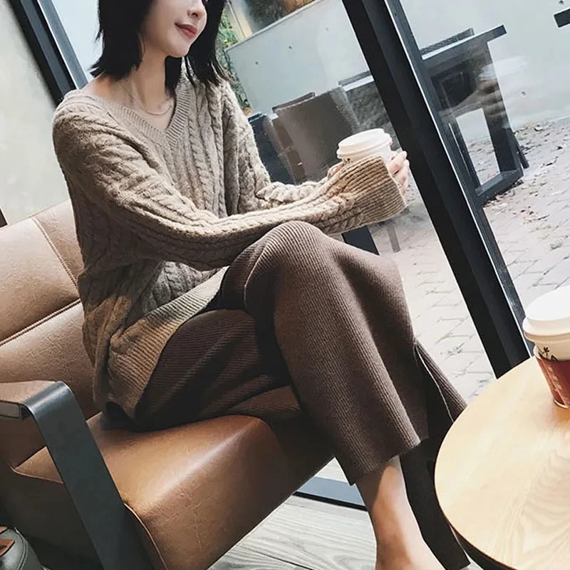 Core-Knitted Wide-Leg Pants Female Autumn Winter Loose Straight Cylinder High Waist Drop Feeling Casual Trousers Woman Clothing