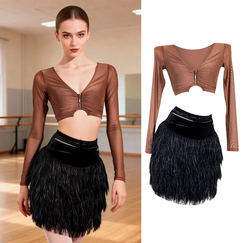 

2026 Latin Dance Performance Costumes For Women Sexy Print Short Top Black Feather Skirts Suit Chacha Samba Latin Dress DN22874