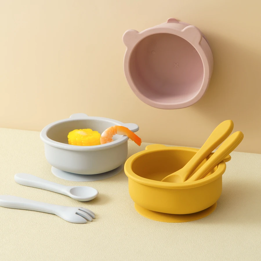 

3Pcs Silicone Baby Feeding Set Kids Soft Bowl Cartoon Bear Bowl Soft Spoon Fork Feeding Training Tableware Baby Meal Tray