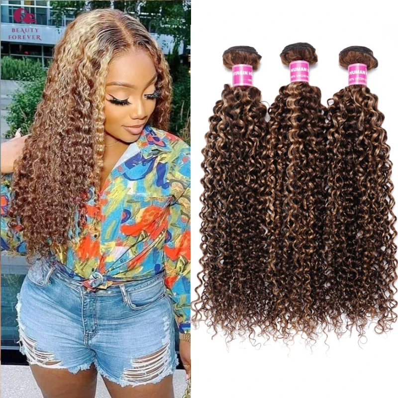 Beauty Forever Honey Blonde Curly Bundles Human Hair 3 pcs/lot Grade 12A Highlights Brown Human Hair Weave 3 Bundles