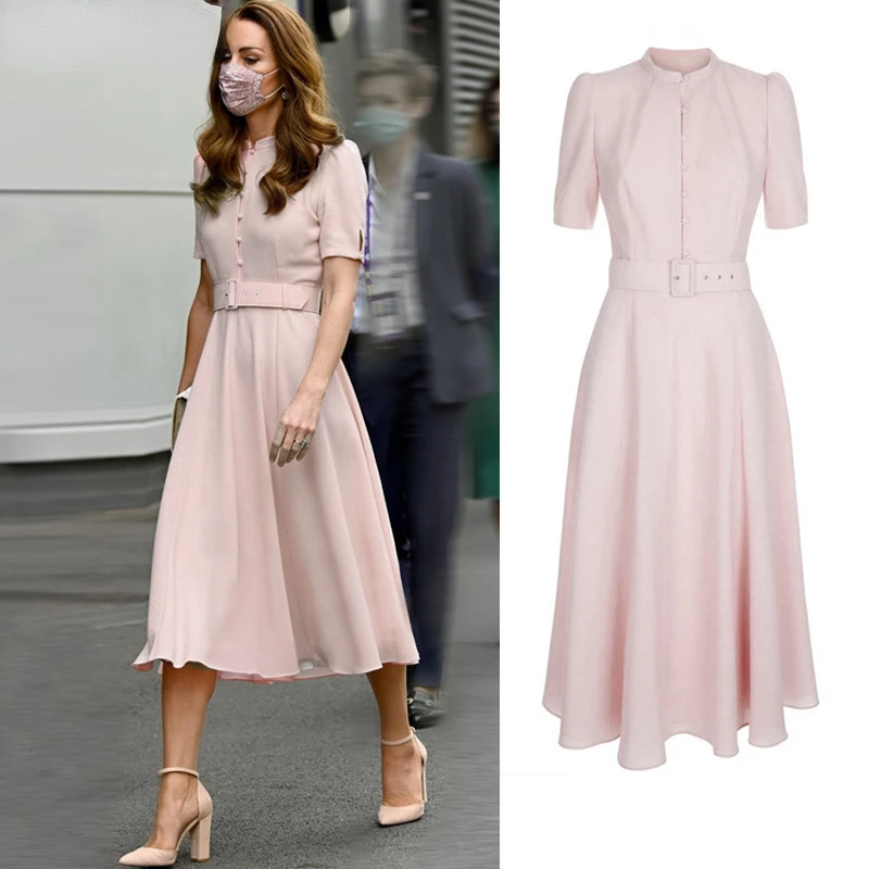 Kate Middleton Pink Dress 2023 nuovo arrivo moda elegante primavera estate manica corta Midi abiti lunghi Office Lady Work Wear