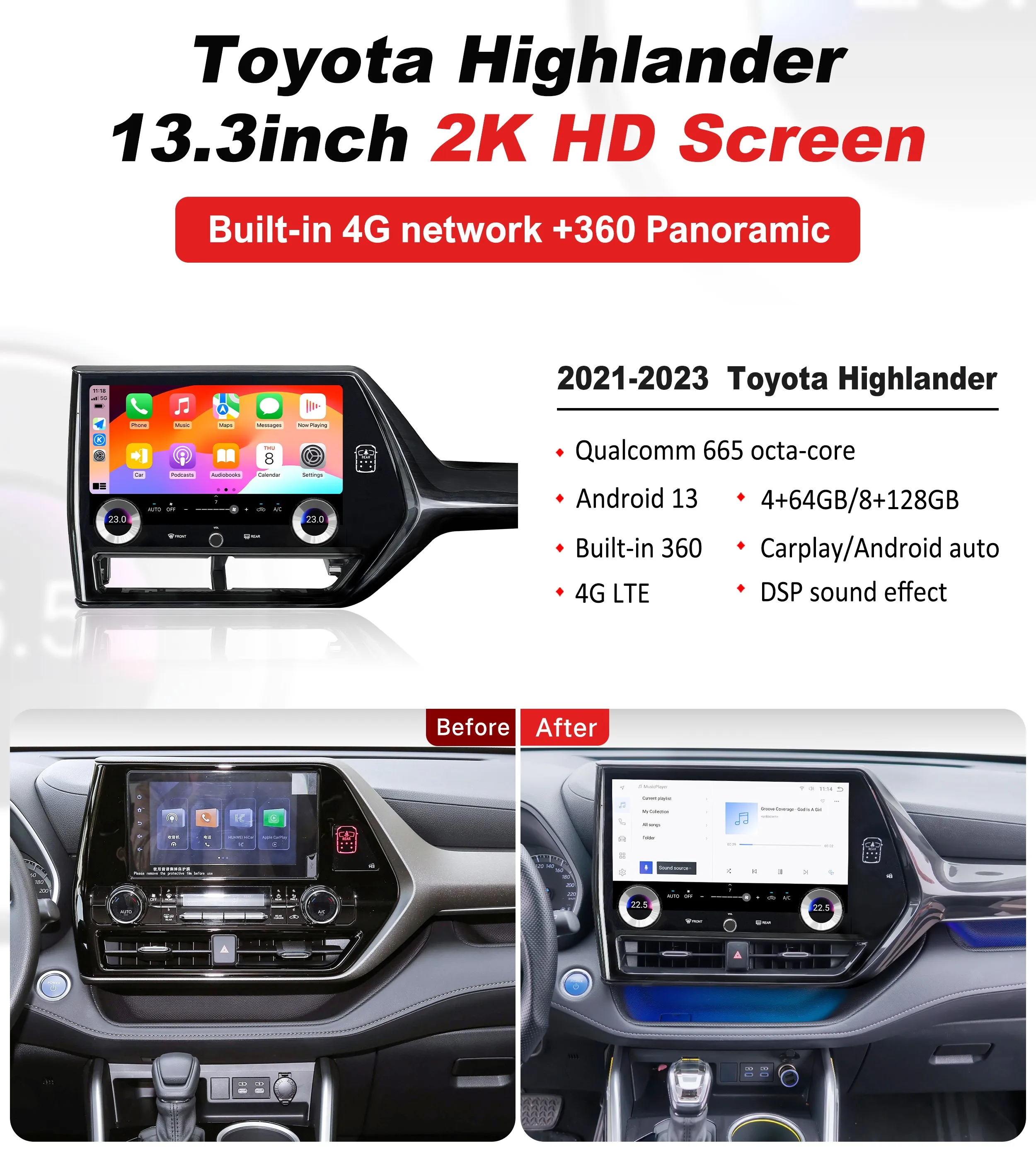 13.3'' Android 13 Car Radio For Toyota Highlander 2021-2023 Car Multimedia Player 2 Din GPS Carplay Autoradio Stereo Head Unit