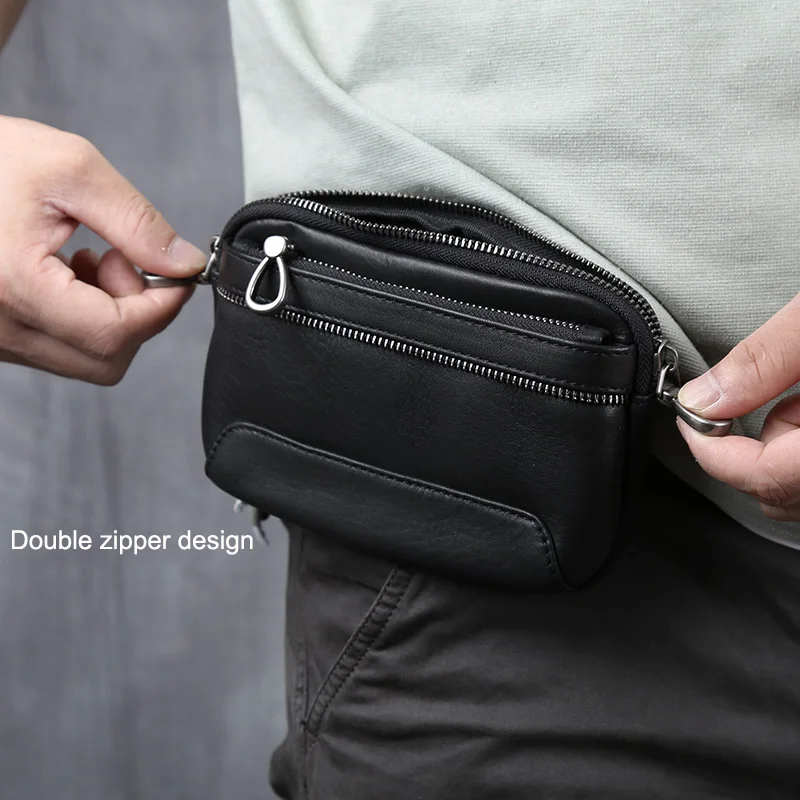 Herren-Gürteltasche aus echtem Leder, horizontal, für Mobiltelefone, Retro-Stil, Oberschicht aus Rindsleder, schlicht, lässig, mit Doppelreißverschluss, JLFGPJ – Detail 4