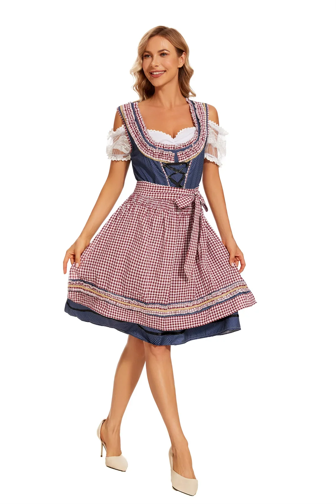 

Sexy Germany Oktoberfest Beer Girl Maid Dirndl Dress Halloween Bavarian Traditional Tavern Waitress Wench Plaid Cosplay Costume