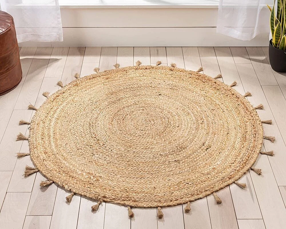 Rug 100% Jute Tassel Style Braided Round Carpet Rustic Modern Look Rug