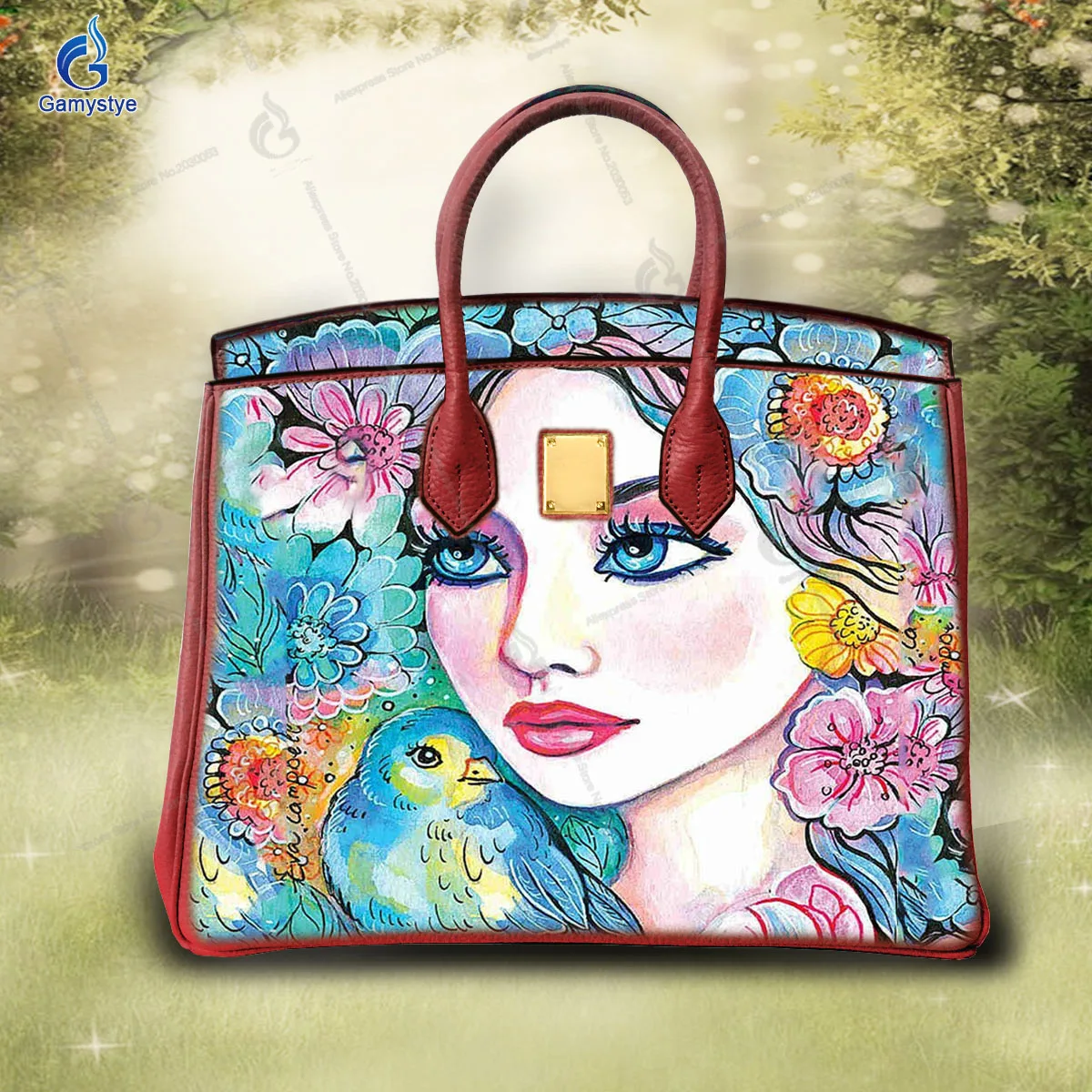 Fashion Hand Draw Beautiful Flower Girl Customize Art Bag Ladies purses and handbags Messenger Clutch Totes Cowhide Togo Leather